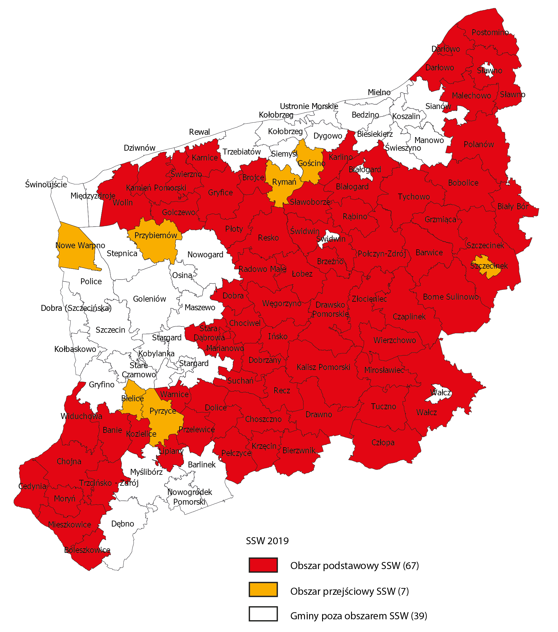SSW_2019 Mapa województwa zachodniopomorskiego z gminami należącymi do Specjalnej Strefy Włączenia w 2019 r.