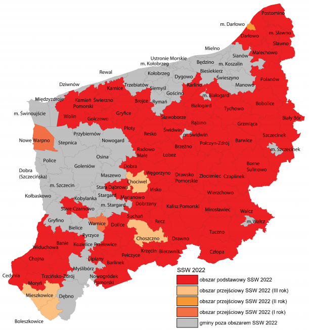 Mapa SSW 2022, 5 kategorii, kolor czerwony - obszar podstawowy SSW, kolor szary - gminy poza obszarem SSW, tonacja pomarańczowa - obszar przejściowy SSW Mapa SSW 2022