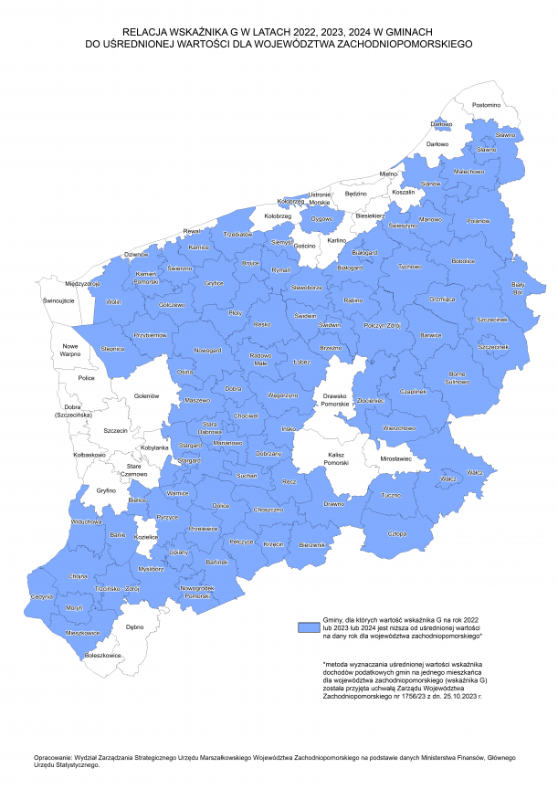 Relacja wskaźnika G w latach 2022, 2023, 2024 w gminach do uśrednionej wartości dla województwa zachodniopomorskiego